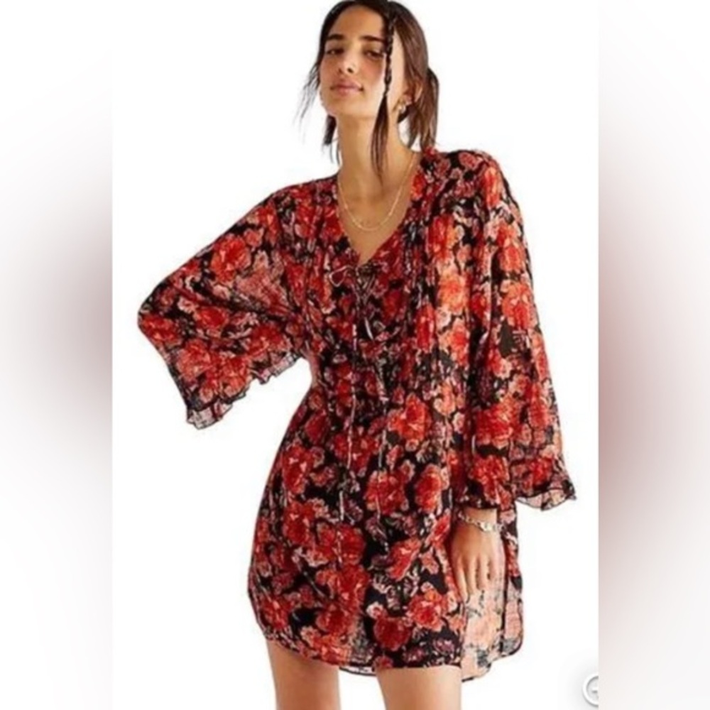 FREE PEOPLE FP One Nisha Floral printed Tunic top blouse XS Red/Black